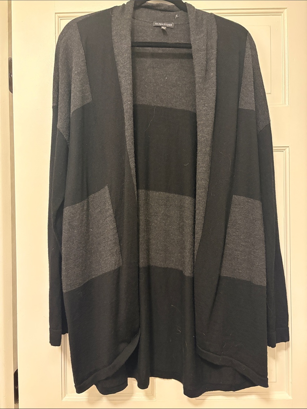 Eileen Fisher Black and Charcoal Wool Wide-Stripe Open Cardigan
